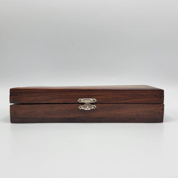 Vintage Handcrafted Wooden Jewelry Trinket Box Inlaid Peacock Design Metal Latch - Picture 3 of 16